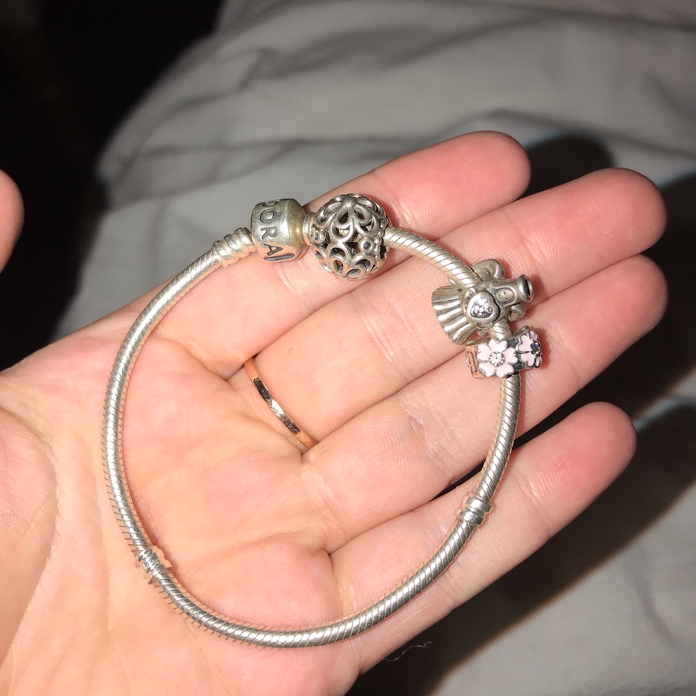 Authentic pandora charm bracelet with 3 charms